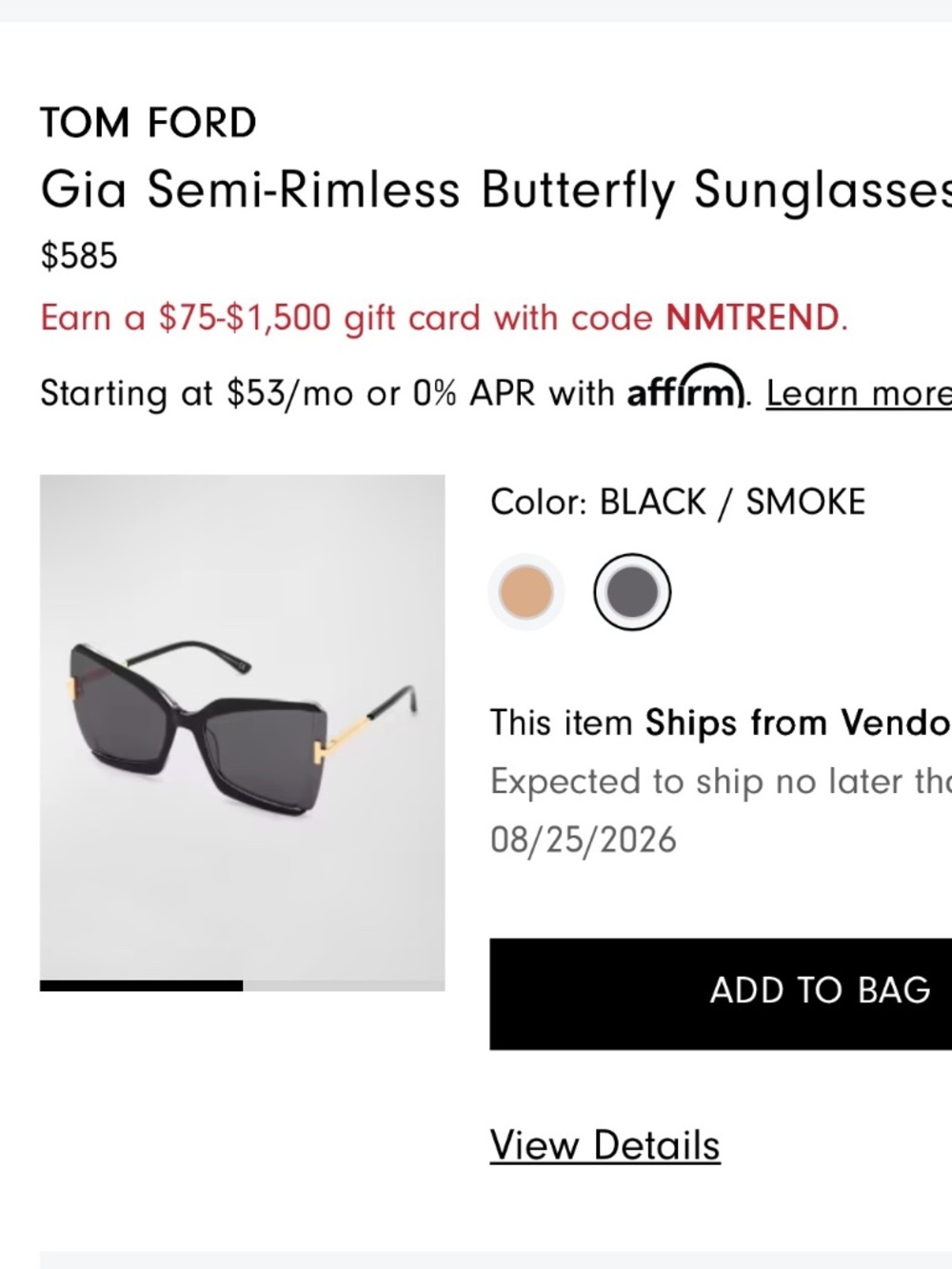 Tom Ford Gia Semi-Rimless Butterfly Sunglasses